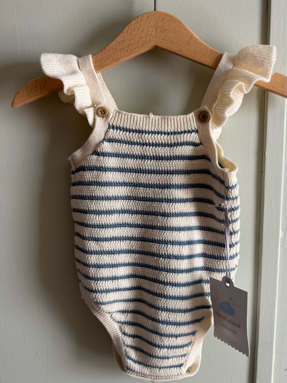 cloud island Cream and Blue Striped Knit Romper with Ruffle Straps